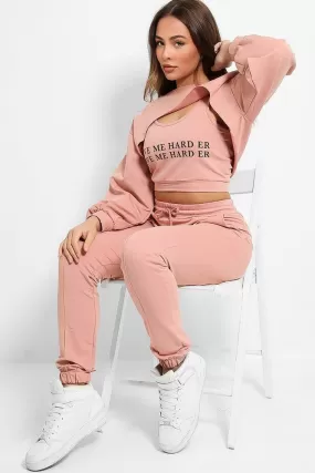 Pink Love Me Harder Crop Top 3 Piece Tracksuit