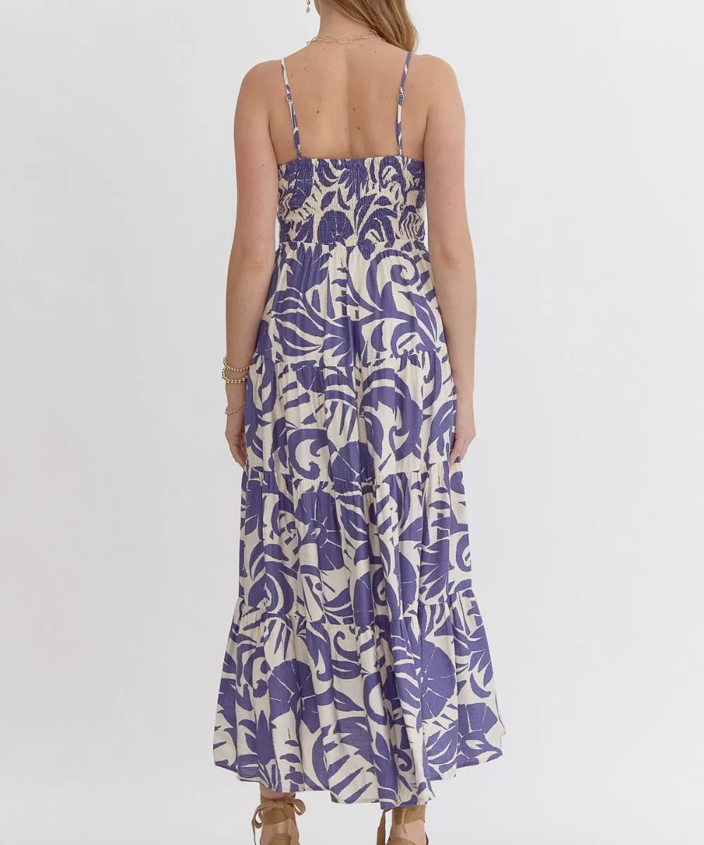 Printed V-Neck Dress - Blue