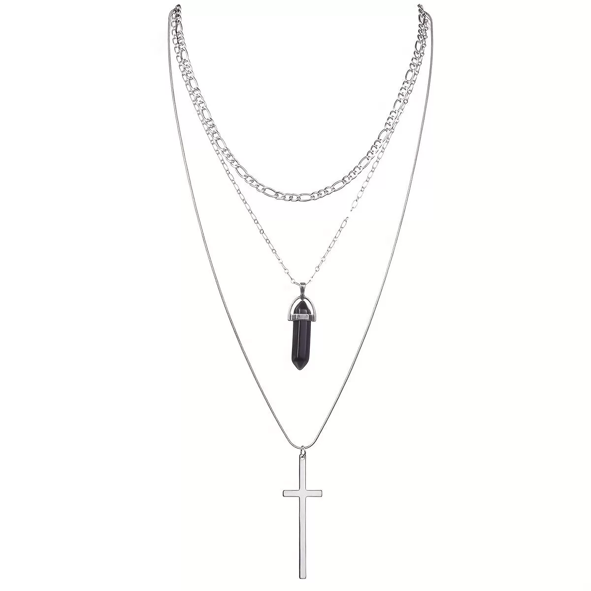 Punk Metal Style Alloy Cross Rhombus Gemstone Pendant Multilayer Stacking Necklace For Women