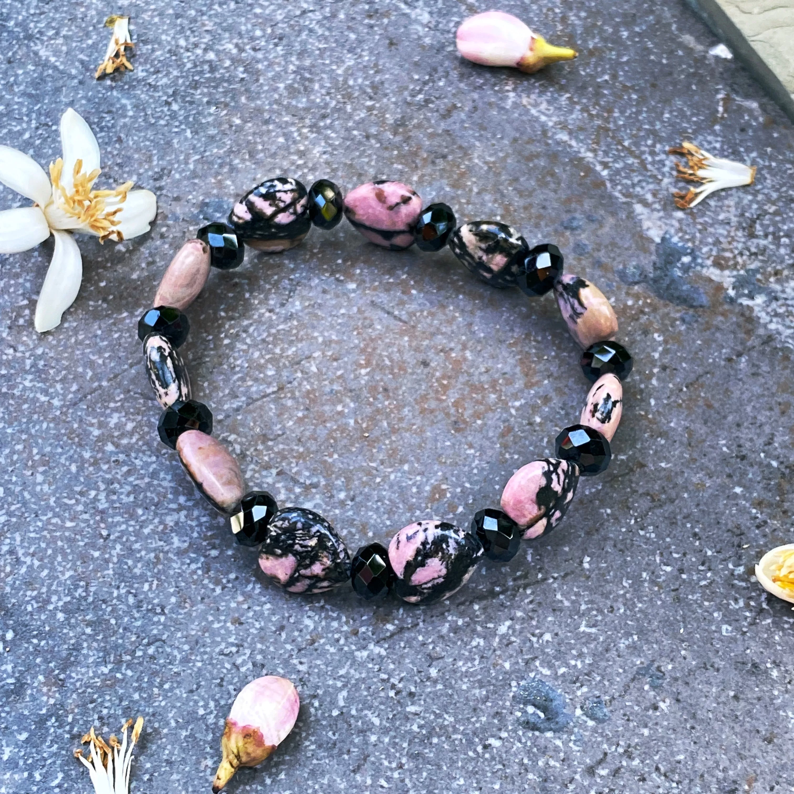 Rhodonite Gemstone Hearts and black Spinel Bracelet