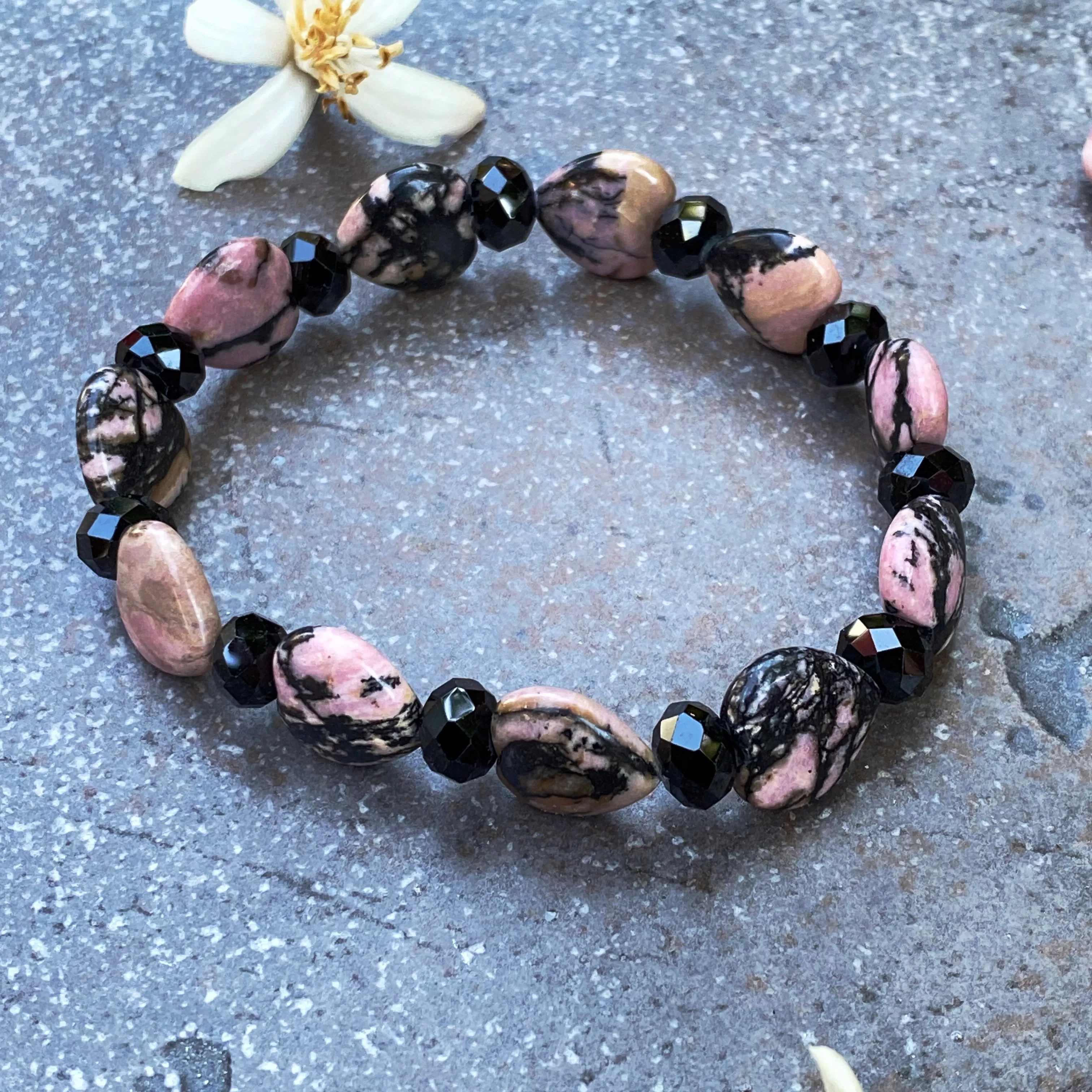 Rhodonite Gemstone Hearts and black Spinel Bracelet