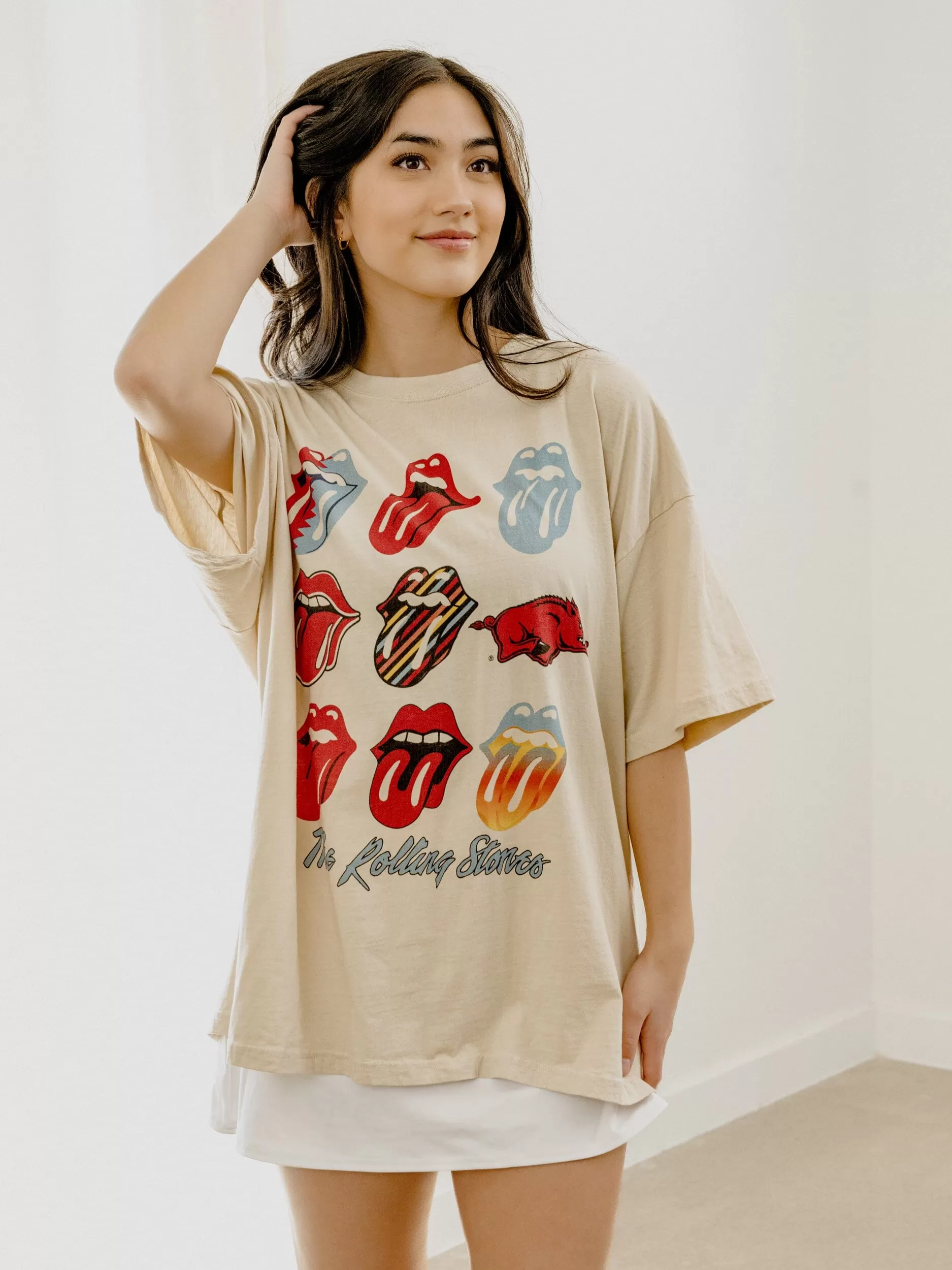 Rolling Stones Arkansas Razorbacks Licks Over Time Off White One Size Tee