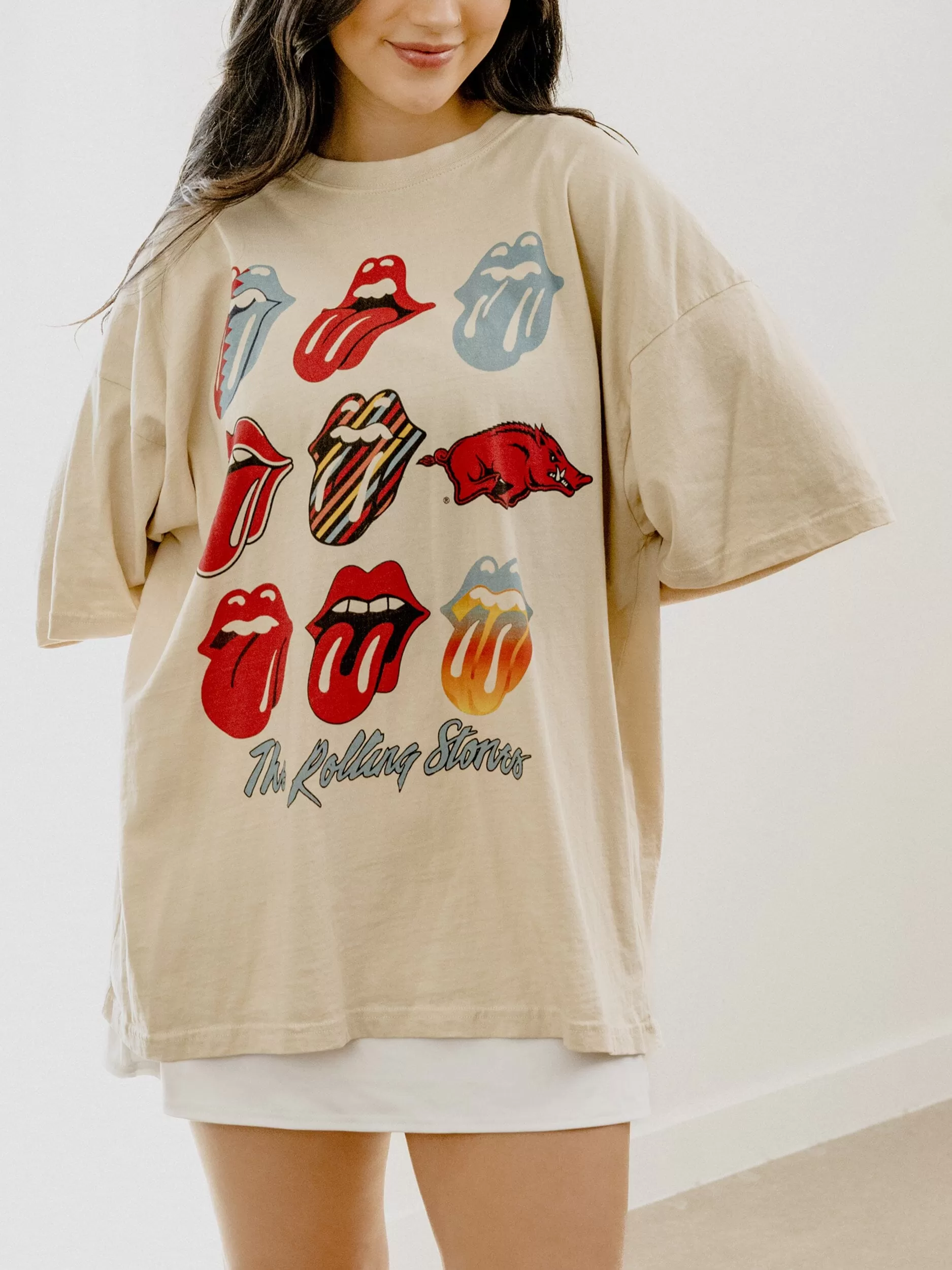 Rolling Stones Arkansas Razorbacks Licks Over Time Off White One Size Tee