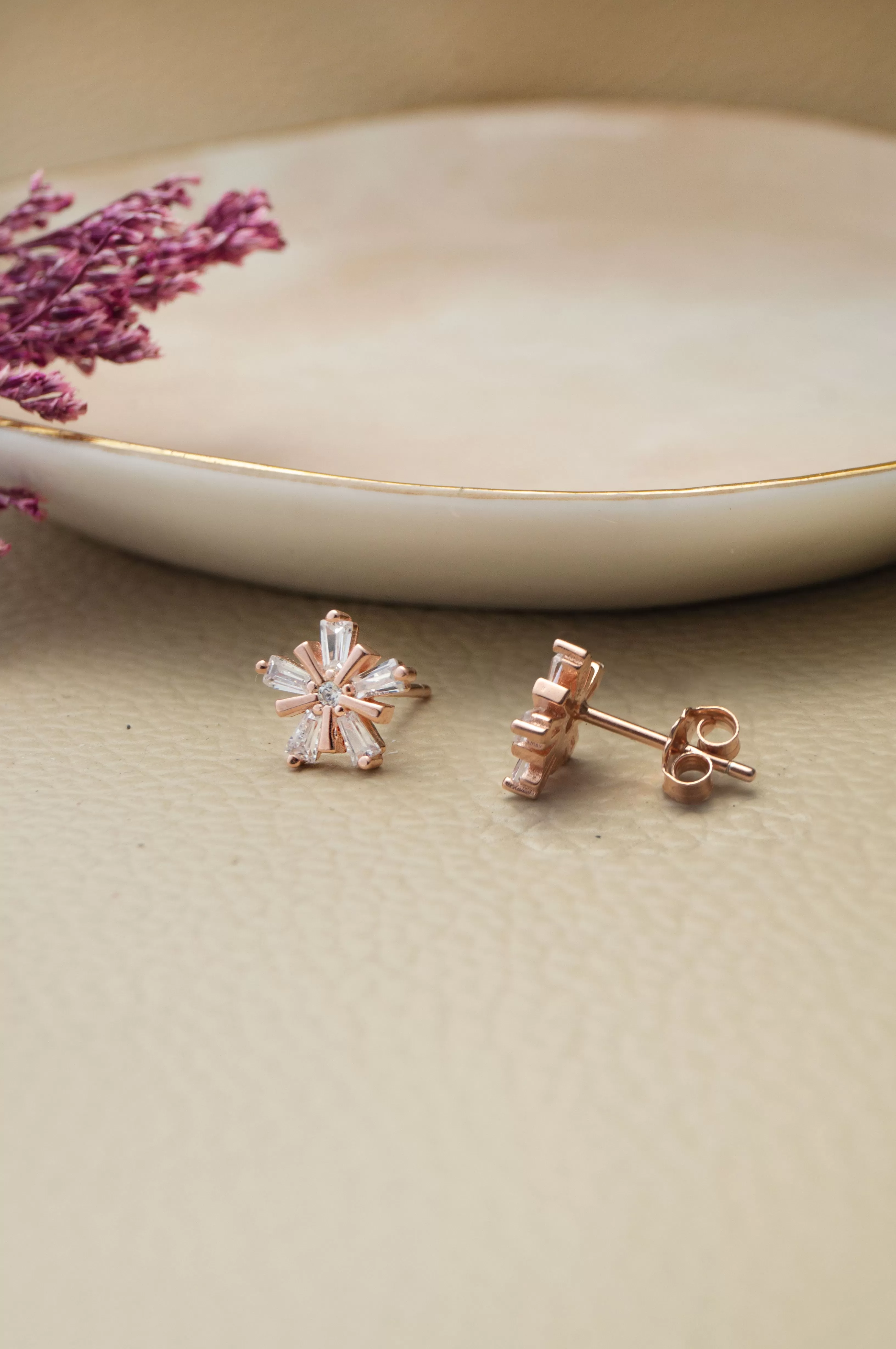 Star Burst Flower Rose Gold Plated Sterling Silver Stud Earrings