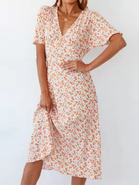 Sunset and Swim  Ditsy Floral V-Neck Short Sleeve Midi Dress