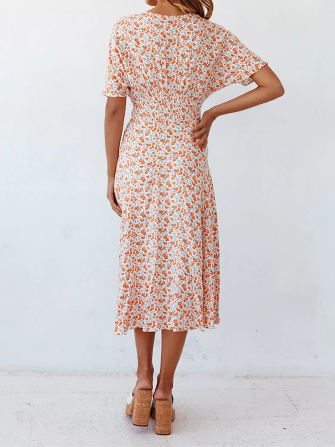 Sunset and Swim  Ditsy Floral V-Neck Short Sleeve Midi Dress