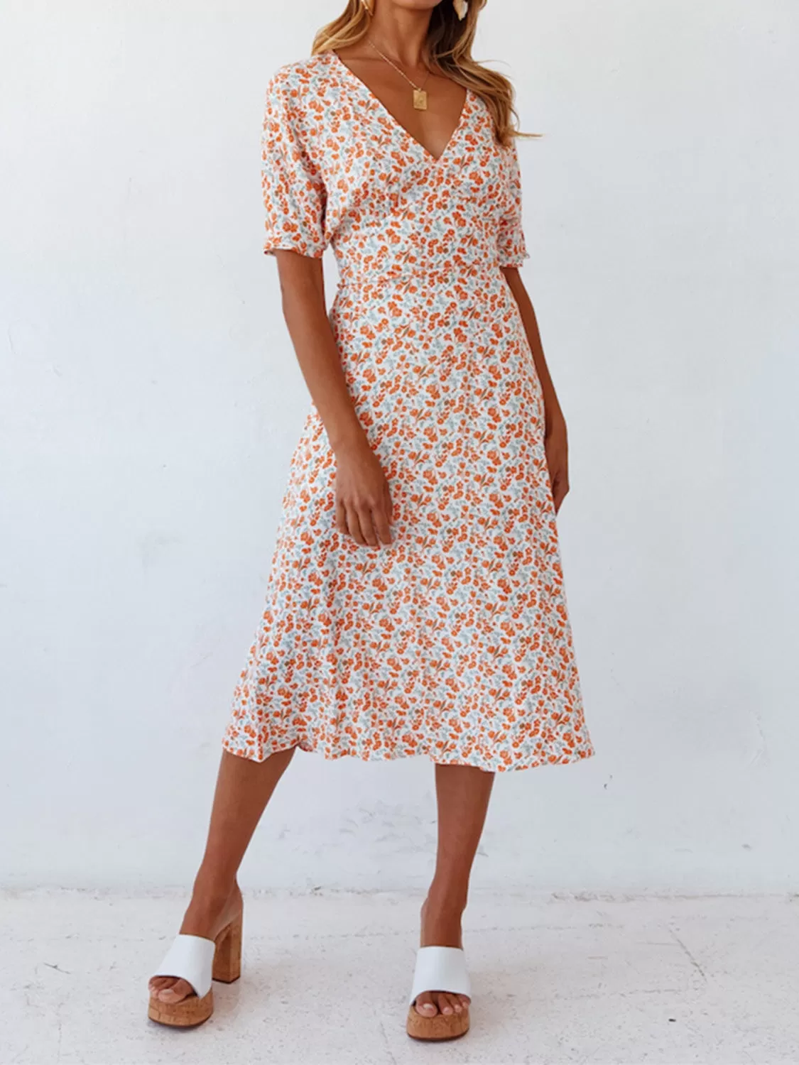 Sunset and Swim  Ditsy Floral V-Neck Short Sleeve Midi Dress