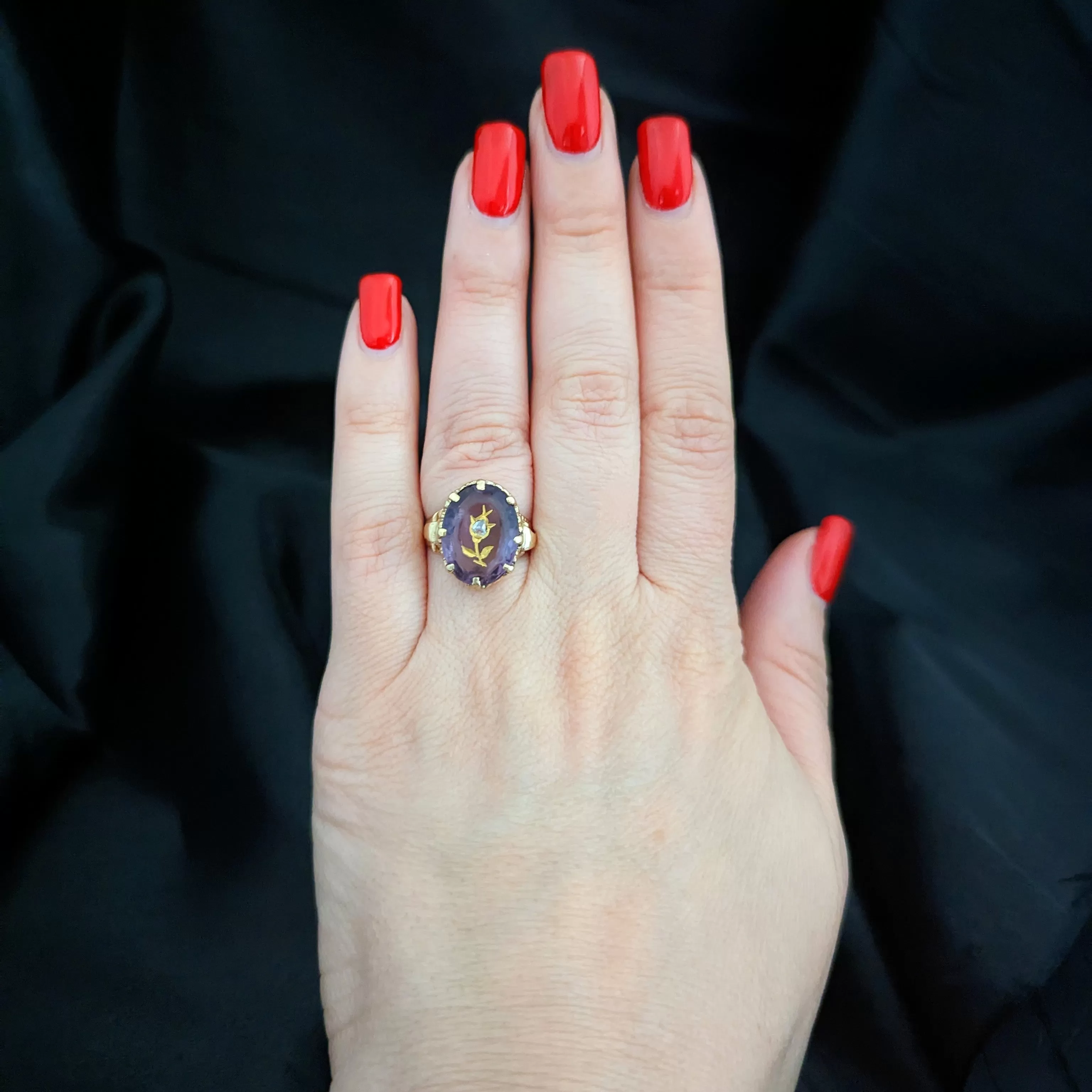 The Glenview - Victorian Diamond Amethyst Gold Floral Ring c.1800s