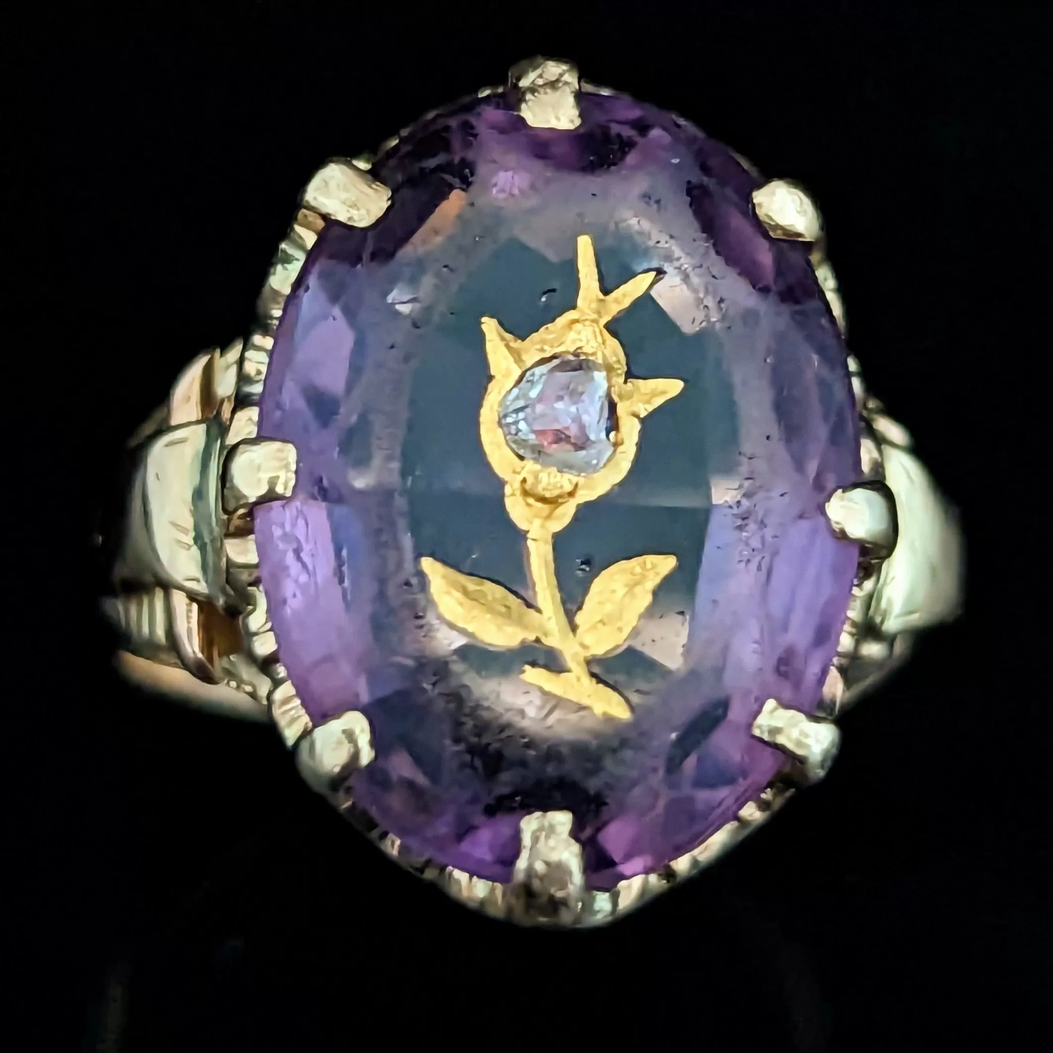 The Glenview - Victorian Diamond Amethyst Gold Floral Ring c.1800s