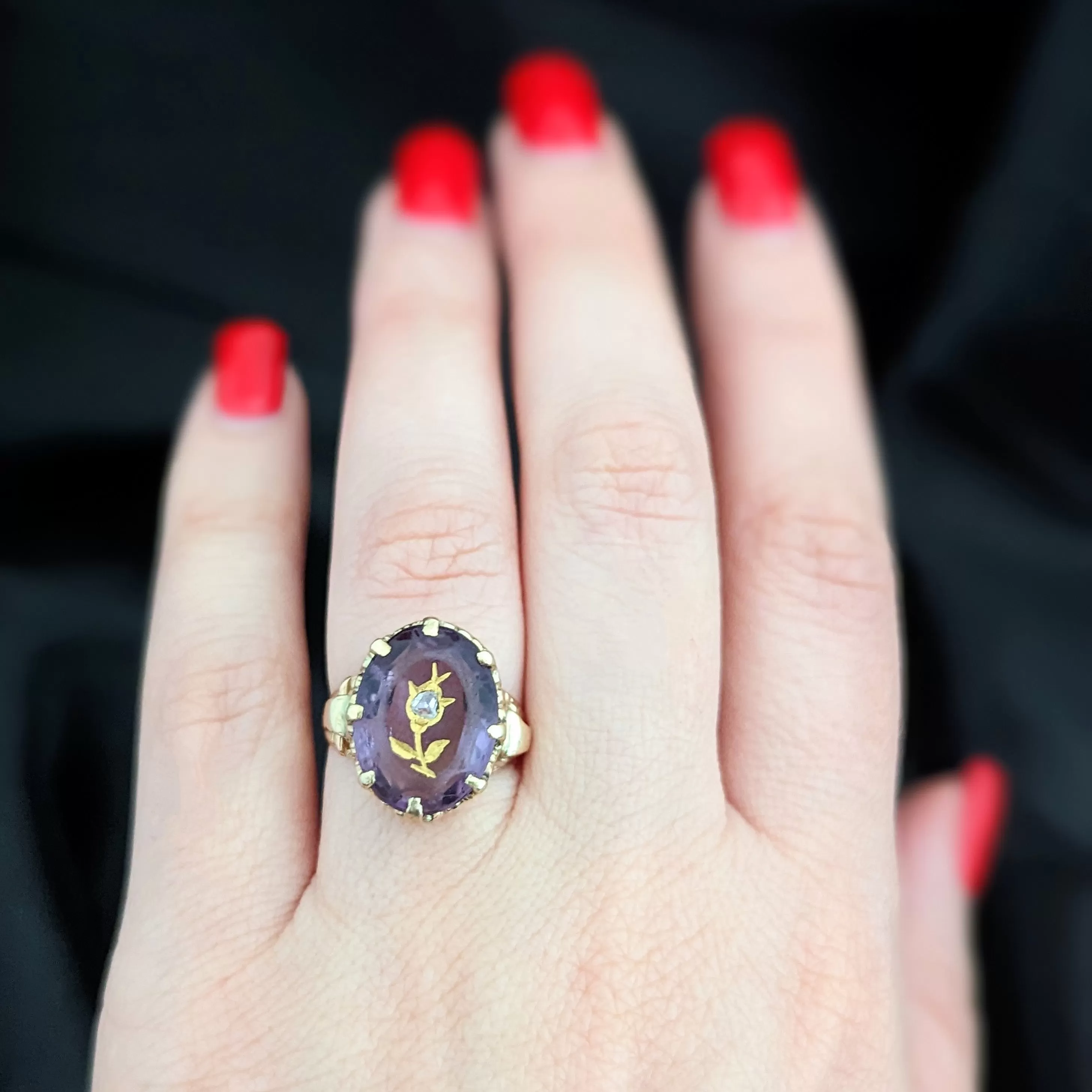 The Glenview - Victorian Diamond Amethyst Gold Floral Ring c.1800s