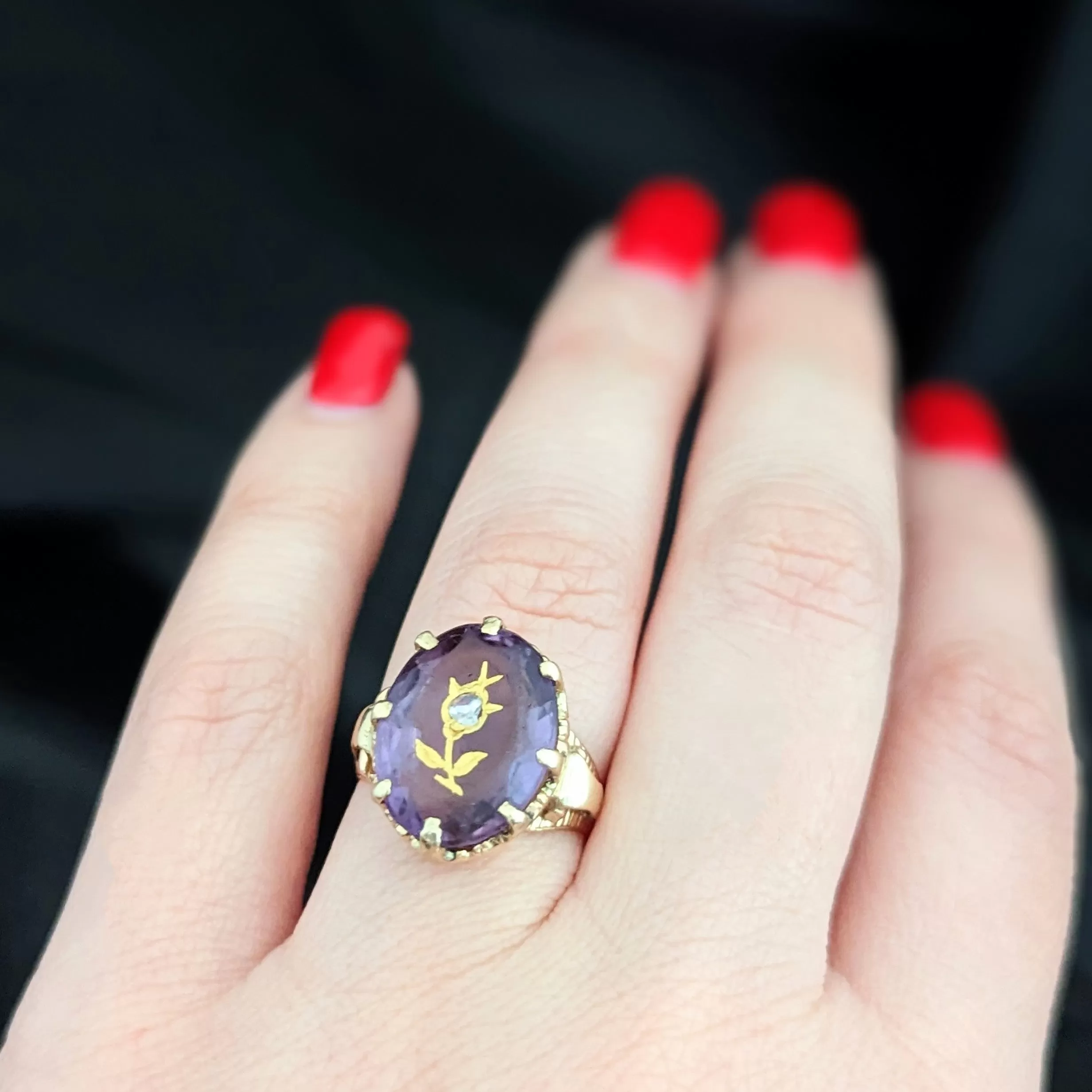 The Glenview - Victorian Diamond Amethyst Gold Floral Ring c.1800s