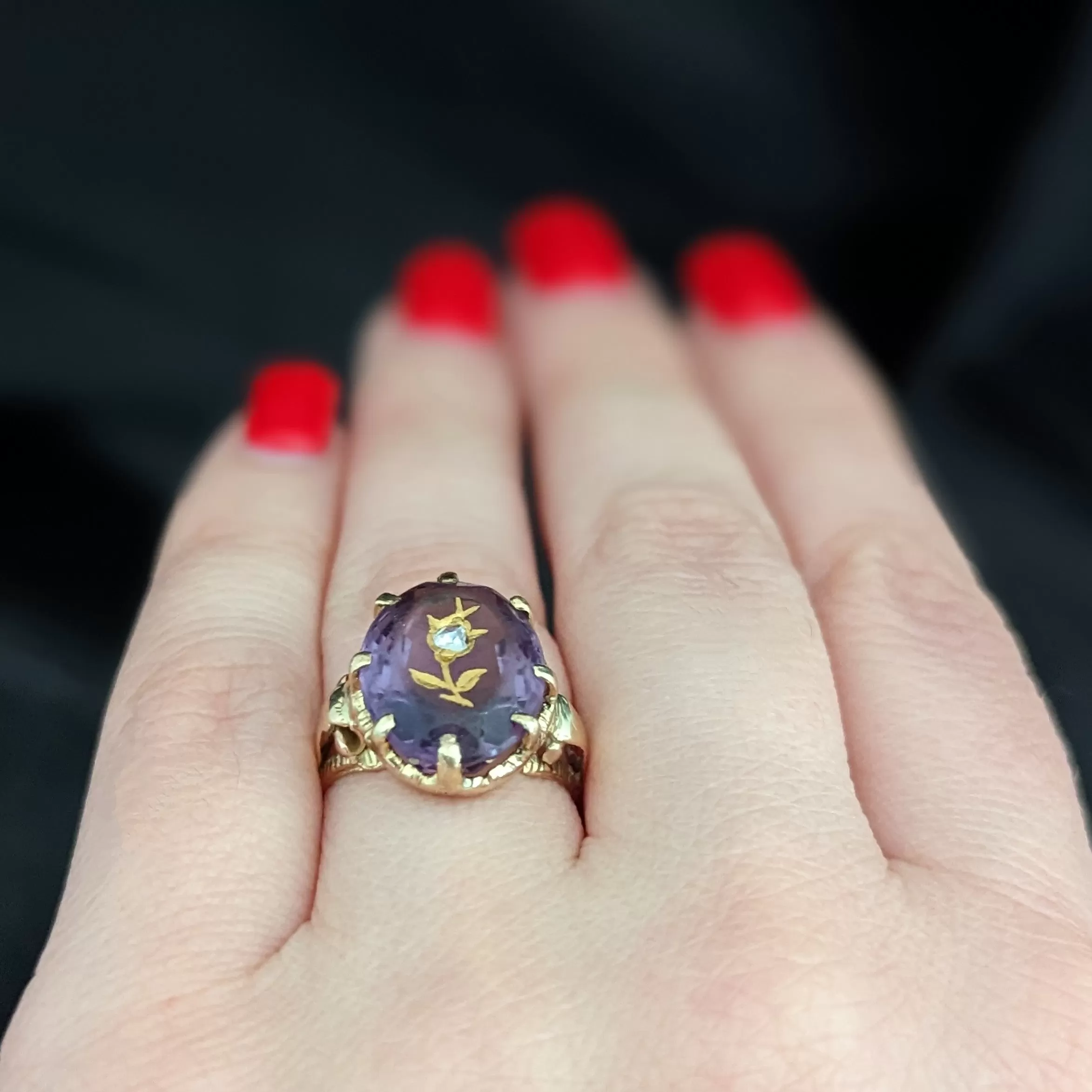 The Glenview - Victorian Diamond Amethyst Gold Floral Ring c.1800s