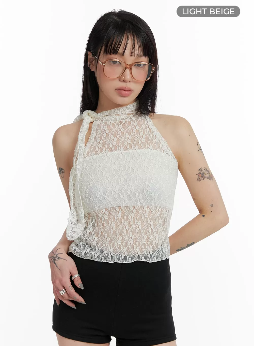 Tie Mesh Lace Sleeveless Top IF423