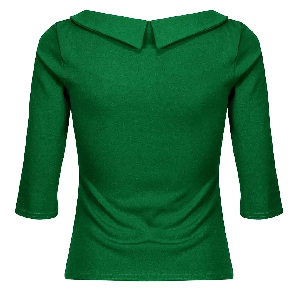 Vintage Emerald Green 3/4 Sleeve Tie Neck Top