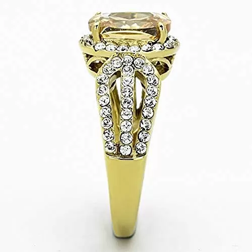 WildKlass Stainless Steel Halo Ring IP Gold Women AAA Grade CZ Champagne